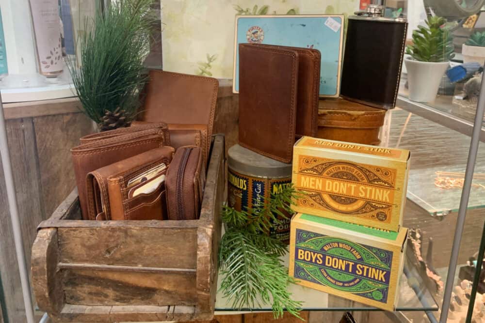 leather wallets and soap display